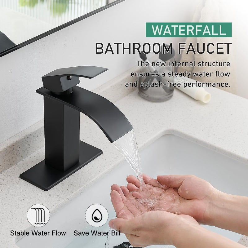 VOTON Black Bathroom Faucets Modern Waterfall Bathroom Sink Faucet Matte Black Single Handle Bathroom Faucet for 1 or 3 Holes with Deck Plate and Pop-Up Drain, Rv Sink Camper Farmhouse Bathroom Faucet - Image 4