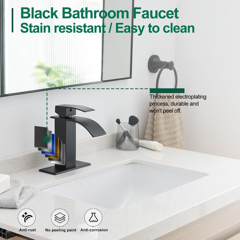 VOTON Black Bathroom Faucets Modern Waterfall Bathroom Sink Faucet Matte Black Single Handle Bathroom Faucet for 1 or 3 Holes with Deck Plate and Pop-Up Drain, Rv Sink Camper Farmhouse Bathroom Faucet - Image 5