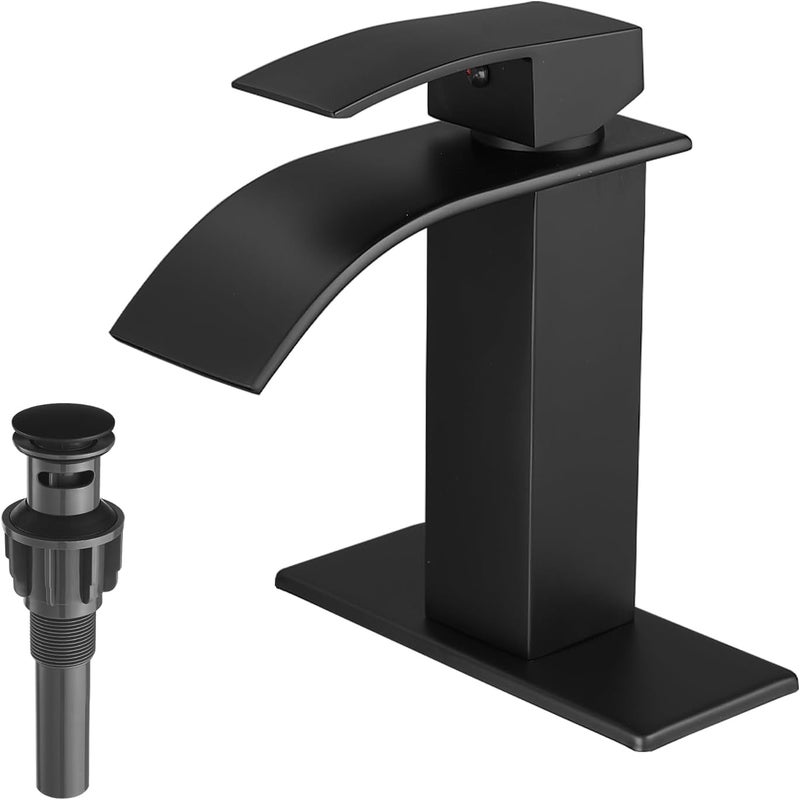 VOTON Black Bathroom Faucets Modern Waterfall Bathroom Sink Faucet Matte Black Single Handle Bathroom Faucet for 1 or 3 Holes with Deck Plate and Pop-Up Drain, Rv Sink Camper Farmhouse Bathroom Faucet - Image 1