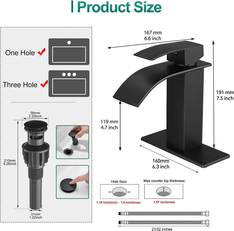 VOTON Black Bathroom Faucets Modern Waterfall Bathroom Sink Faucet Matte Black Single Handle Bathroom Faucet for 1 or 3 Holes with Deck Plate and Pop-Up Drain, Rv Sink Camper Farmhouse Bathroom Faucet - Image 2