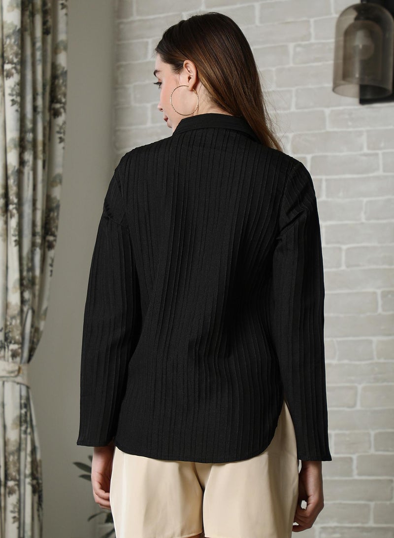 PINACOLADA Pinacolada Women's Onyx Black & Buff Beige Rosalia Stripe-Tactile Shirt For Casual Wear | Spread Collar | Long Flared Sleeves | Button Closure | Shirt Designed With Comfortable Fit For Woman & Girls - Image 5