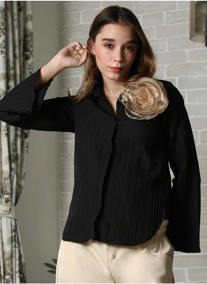 PINACOLADA Pinacolada Women's Onyx Black & Buff Beige Rosalia Stripe-Tactile Shirt For Casual Wear | Spread Collar | Long Flared Sleeves | Button Closure | Shirt Designed With Comfortable Fit For Woman & Girls