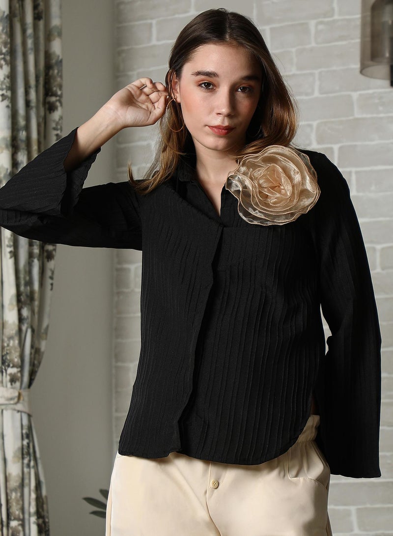 PINACOLADA Pinacolada Women's Onyx Black & Buff Beige Rosalia Stripe-Tactile Shirt For Casual Wear | Spread Collar | Long Flared Sleeves | Button Closure | Shirt Designed With Comfortable Fit For Woman & Girls - Image 2