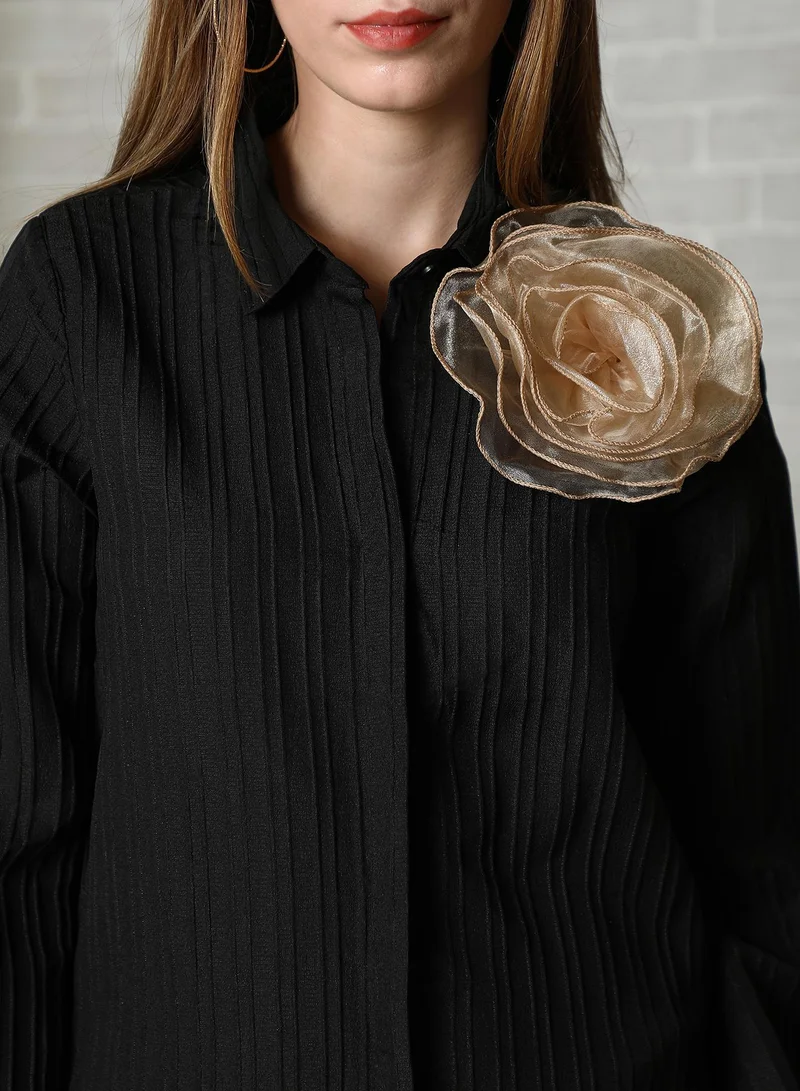 PINACOLADA Women's Onyx Black & Buff Beige Rosalia Stripe-Tactile Shirt For Casual Wear | Spread Collar | Long Flared Sleeves | Button Closure | Shirt Designed With Comfortable Fit For Woman & Girls