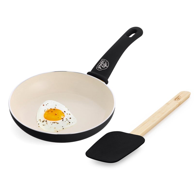 GreenLife Soft Grip 8â€ Frypan Skillet and Spatula Breakfast Cookware Set, PFAS-Free Ceramic Nonstick, Silicon Spatula with Bamboo Handle, Egg Omelette Bacon, Dishwasher Safe, Stay-Cool Handles, Black - Image 1
