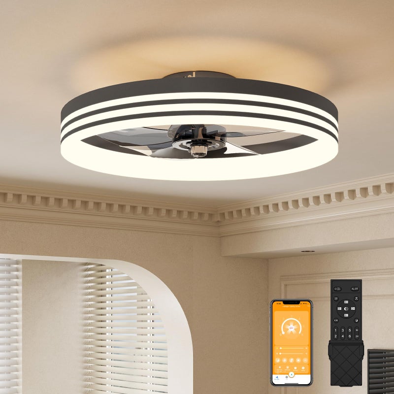 VOLISUN Low Profile Ceiling Fans with Lights and Remote 197in Flush Mount Ceiling Fan with Light 3000K6500K Dimmable Fandelier LED Fan Light Black Bladeless Ceiling Fans with Lights for Bedroom