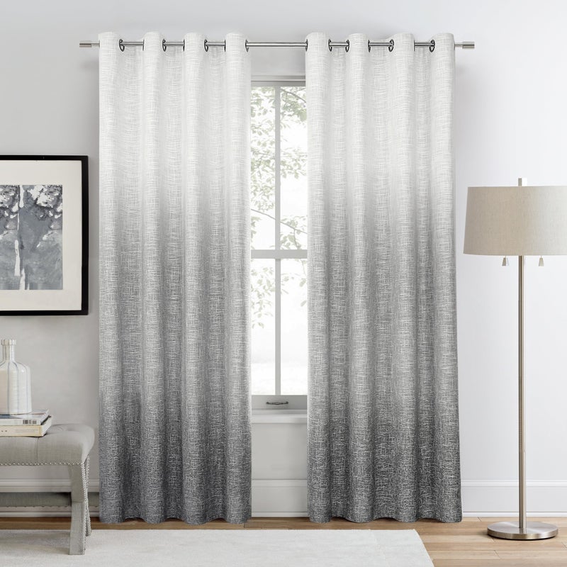 Central Park Ombre Full Blackout Room Darkening Window Curtains for Bedroom Drapes Heavy Linen Texture with Grommets Top Gradient Print Cream White to Gray Curtain for Living Room 50"x84"x2 - Image 1