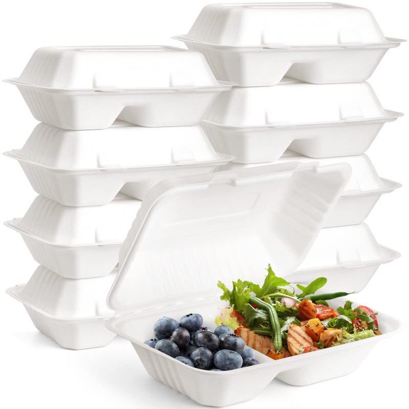 Elsjoy 90 Pack 9x 6 Clamshell Take Out Containers 2 Compartment Compostable Hinged Food Containers Disposable To Go Boxes Sugar Cane Takeaway Boxes for Restaurant Party Microwave Safe
