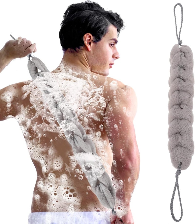 Sibba 1 PC Back Scrubber Shower Body Wash Sponge Loofah Bath Large Long Extended Puffs Stick Exfoliating Washing Removable Head Exfoliate Set Pack Mitts Soft Mesh Stretch Braided Strips Brush