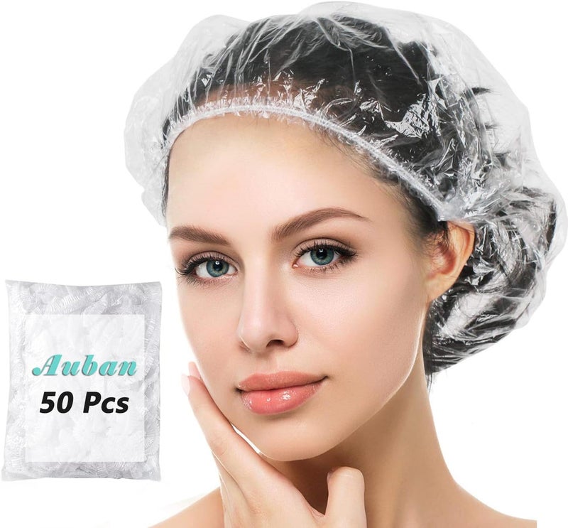 Auban 50 PCS Shower Cap Disposable,Bath Caps Larger Thick Clear Waterproof Plastic Elastic Hair Bath Caps For Women Hotel Travel Essentials Accessories Deep Conditioning Hair Care(19.3") - Image 1