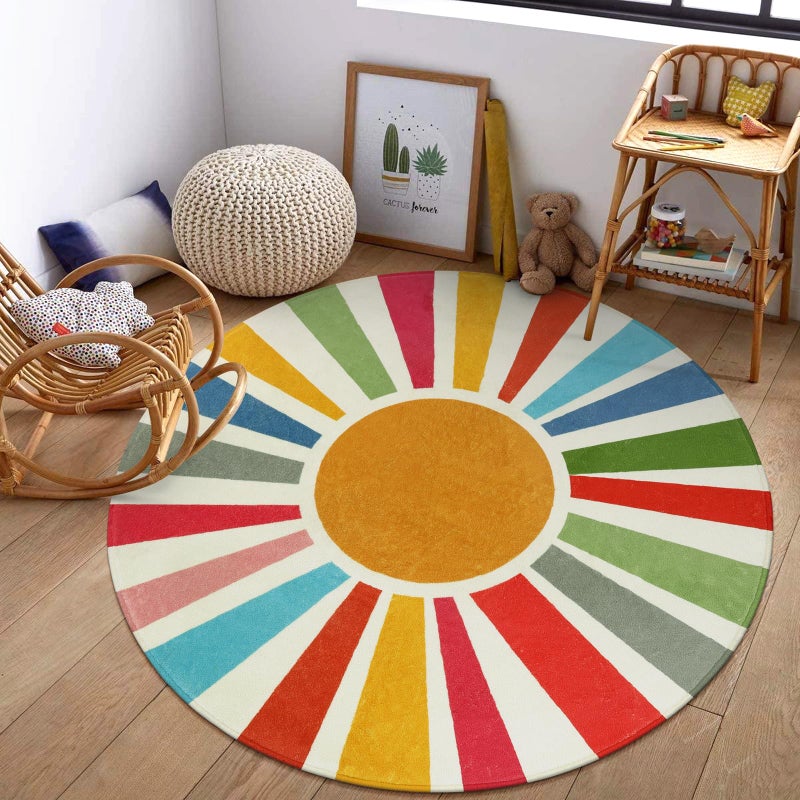 STARUIA Round Boho Rug 6 Ft Washable Round Area Rug for Playroom, Sunshine Circle Rug for Kids Room, Non-Slip Circluar Rainbow Carpet Soft Large Kids Rug for Classroom Dorm Bedroom - Image 1