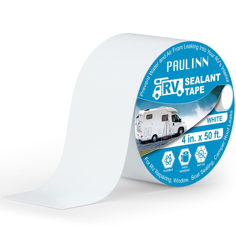 PAULINN RV Camper Roofing Repair Sealant Tape White 4 Inch X 50 Foot Natural Rubber Roof Sealing Tape UV  Weatherproof Roof Seal Tape for RV Camper Trailer Boat Sealing Leak Repair