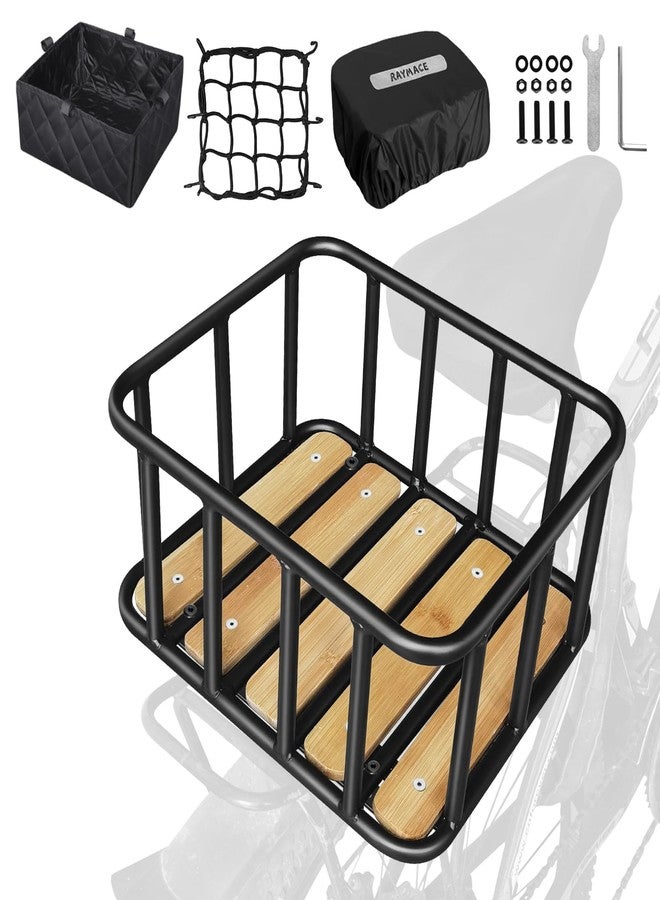 RAYMACE Bike Basket Rear, Bamboo Base Bicycle Basket with Rainproof Cover, Liner & Cargo Net, Large Capacity Rear Bike Rack Baskets Fits Most Bikes & E-Bike - Image 1