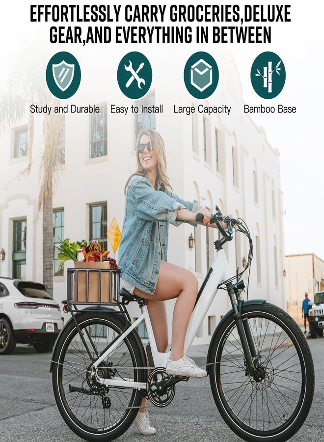 RAYMACE Bike Basket Rear, Bamboo Base Bicycle Basket with Rainproof Cover, Liner & Cargo Net, Large Capacity Rear Bike Rack Baskets Fits Most Bikes & E-Bike - Image 3