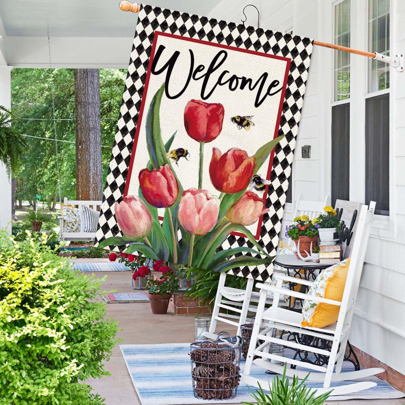 Baccessor Spring Easter Tulip Welcome House Flag 28 x 40 Inch Double Sided Burlap Spring Flowers Floral Buffalo Plaid Large Yard Flag Summer Holiday Seasonal Outdoor Outside Decoration - Image 2