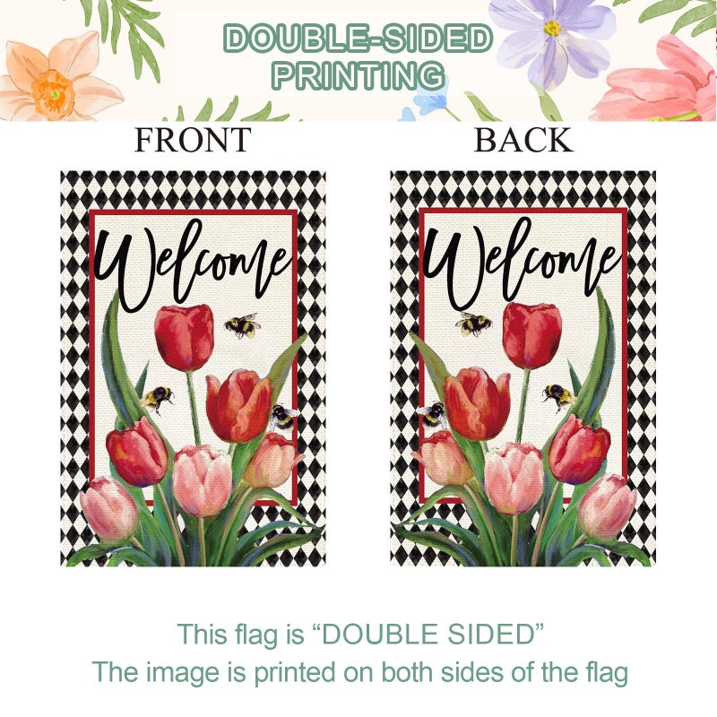 Baccessor Spring Easter Tulip Welcome House Flag 28 x 40 Inch Double Sided Burlap Spring Flowers Floral Buffalo Plaid Large Yard Flag Summer Holiday Seasonal Outdoor Outside Decoration - Image 4