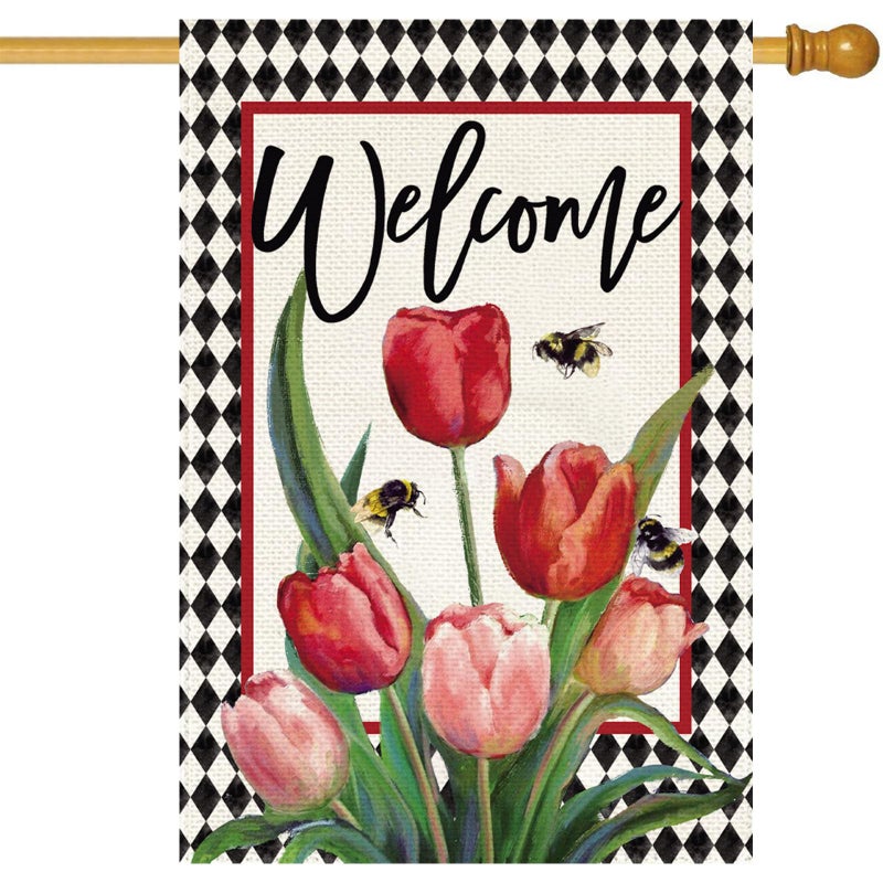 Baccessor Spring Easter Tulip Welcome House Flag 28 x 40 Inch Double Sided Burlap Spring Flowers Floral Buffalo Plaid Large Yard Flag Summer Holiday Seasonal Outdoor Outside Decoration - Image 1