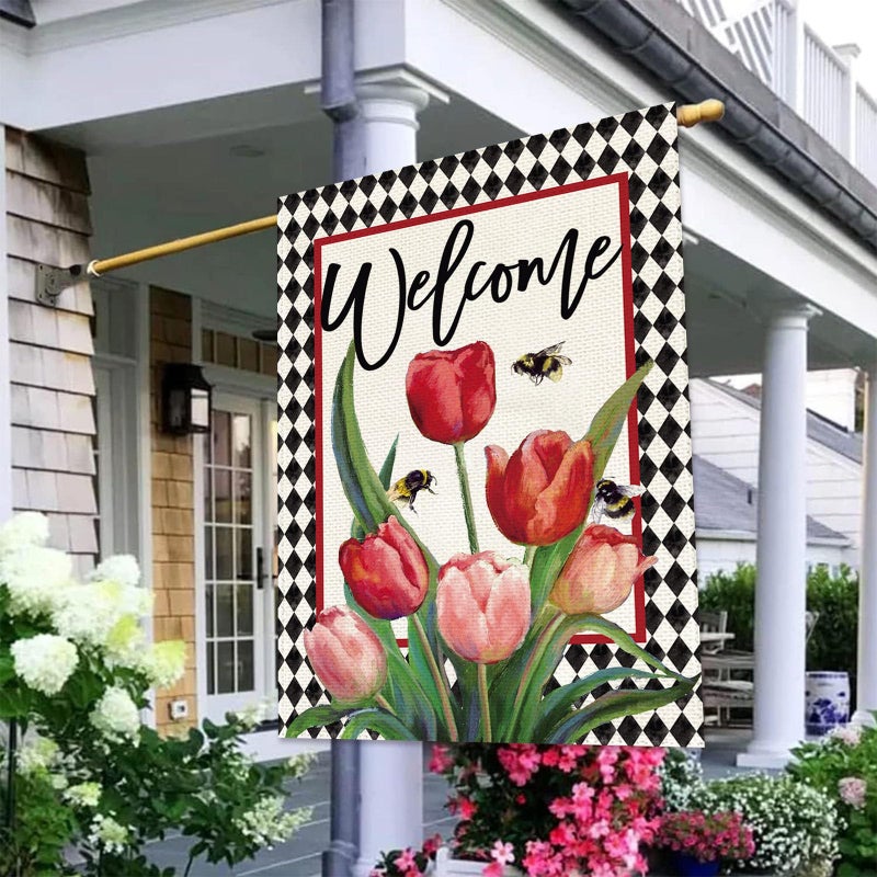 Baccessor Spring Easter Tulip Welcome House Flag 28 x 40 Inch Double Sided Burlap Spring Flowers Floral Buffalo Plaid Large Yard Flag Summer Holiday Seasonal Outdoor Outside Decoration - Image 3