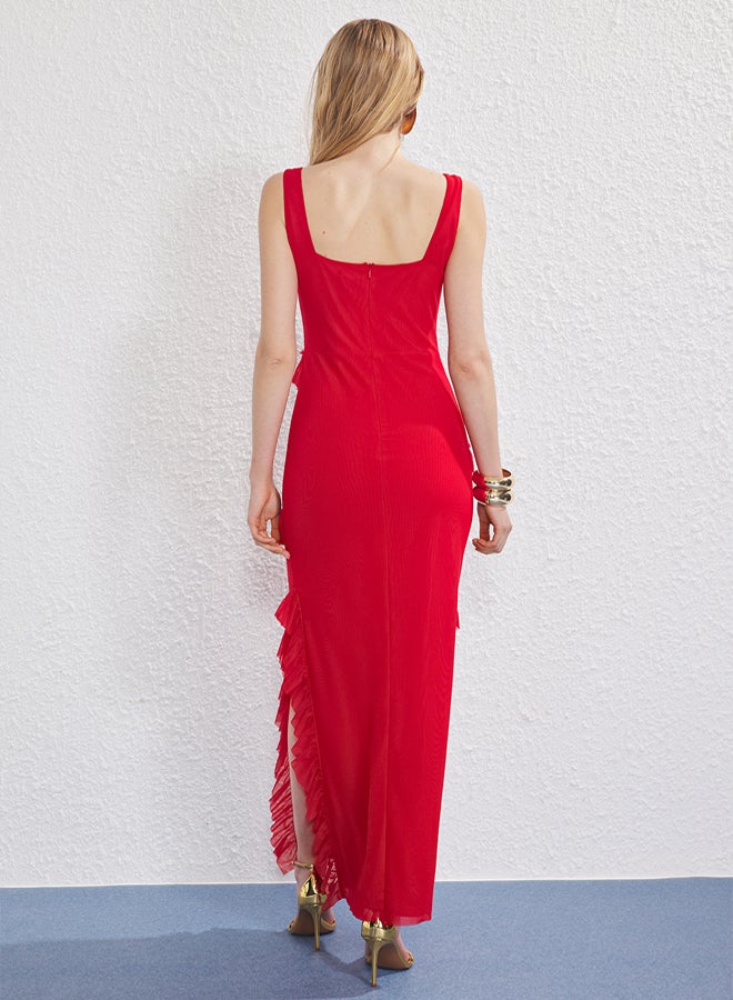trendyol Red Tulle Maxi Evening Dress Night Graduation Dress - Image 4