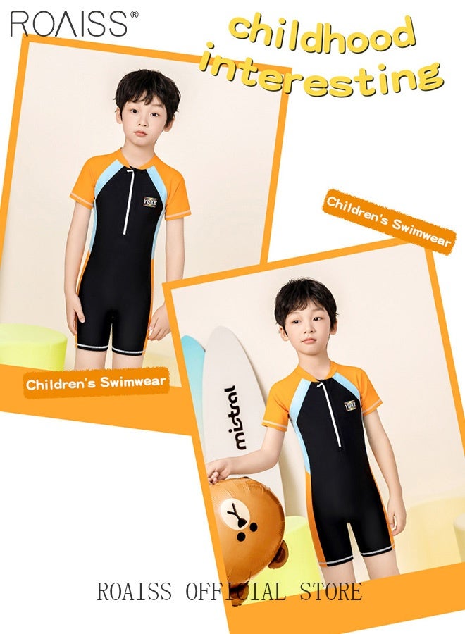 roaiss Professional Training One Piece Swimsuit for Kids Fashion Short Sleeve Zipper Sun Protection Quick Drying Swimming Set Childrens Crew Neck Comfortable Elasticity Breathable Swimwear - Image 5