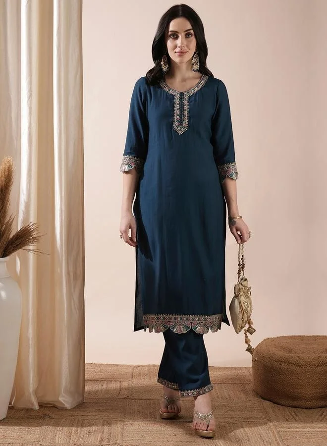 globus Women Teal Embroidered Placket and Scalloped Hem Abla Highlight Straight Kurta With Pants Festive Set by Styli