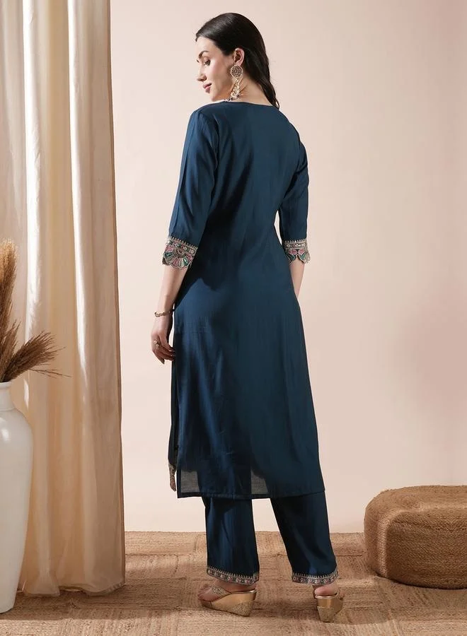 globus Women Teal Embroidered Placket and Scalloped Hem Abla Highlight Straight Kurta With Pants Festive Set by Styli