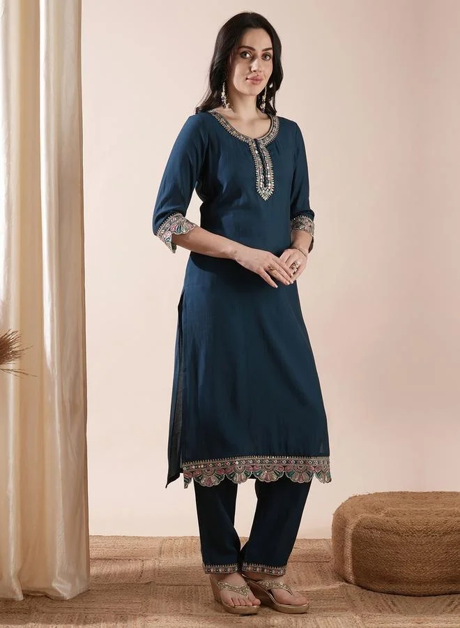 globus Women Teal Embroidered Placket and Scalloped Hem Abla Highlight Straight Kurta With Pants Festive Set by Styli