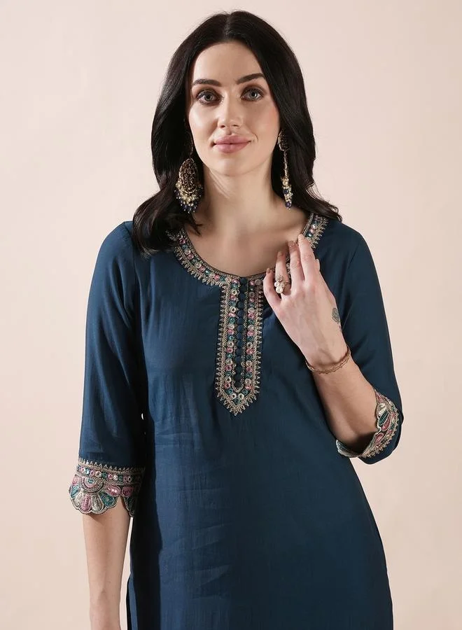 globus Women Teal Embroidered Placket and Scalloped Hem Abla Highlight Straight Kurta With Pants Festive Set by Styli