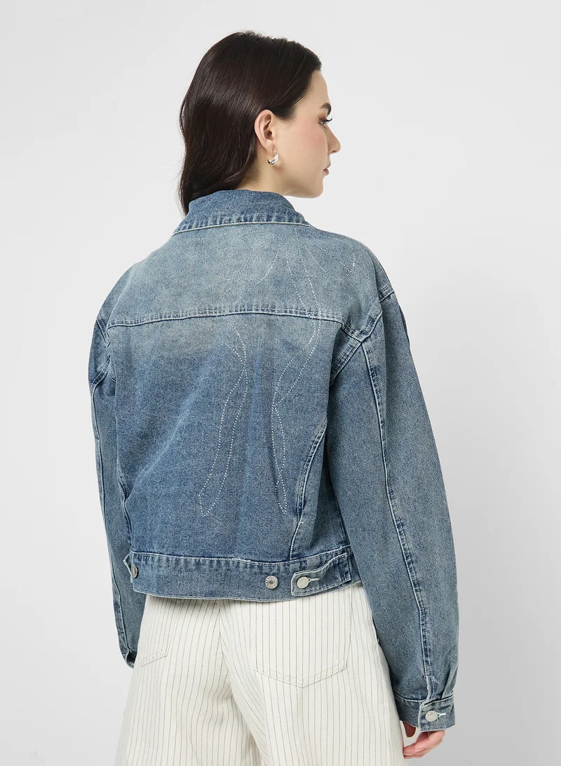 جينجر Washed Denim Jacket with Bow Diamante Detail