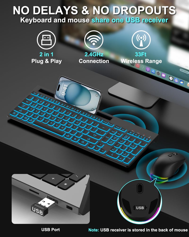 EDJO Wireless Keyboard and Mouse Combo, 7 Backlit Effects, Light Up Letters, Rechargeable, Phone Holder, 6 Button Mouse, Ergonomic Tilt Angle, 2.4GHz Silent USB Keyboard Mouse for Laptop, Computer, PC - Image 5