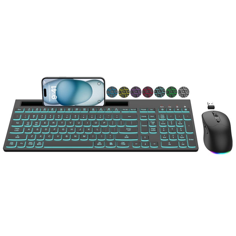 EDJO Wireless Keyboard and Mouse Combo, 7 Backlit Effects, Light Up Letters, Rechargeable, Phone Holder, 6 Button Mouse, Ergonomic Tilt Angle, 2.4GHz Silent USB Keyboard Mouse for Laptop, Computer, PC - Image 1