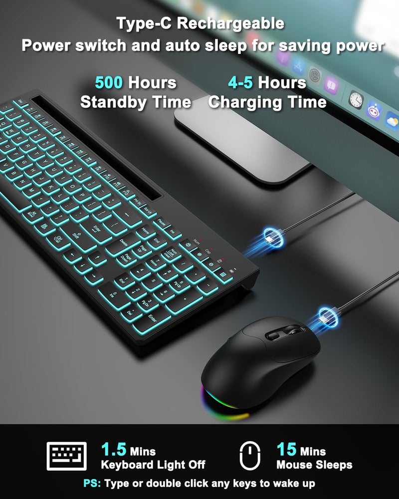 EDJO Wireless Keyboard and Mouse Combo, 7 Backlit Effects, Light Up Letters, Rechargeable, Phone Holder, 6 Button Mouse, Ergonomic Tilt Angle, 2.4GHz Silent USB Keyboard Mouse for Laptop, Computer, PC - Image 3