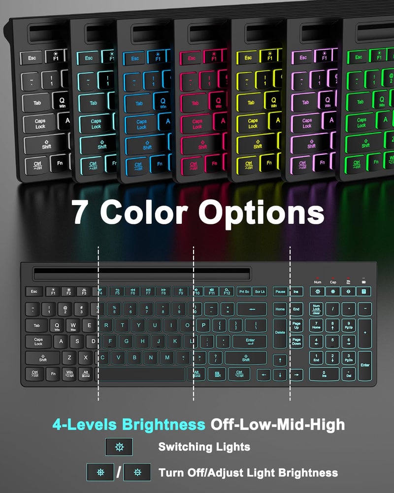 EDJO Wireless Keyboard and Mouse Combo, 7 Backlit Effects, Light Up Letters, Rechargeable, Phone Holder, 6 Button Mouse, Ergonomic Tilt Angle, 2.4GHz Silent USB Keyboard Mouse for Laptop, Computer, PC - Image 2