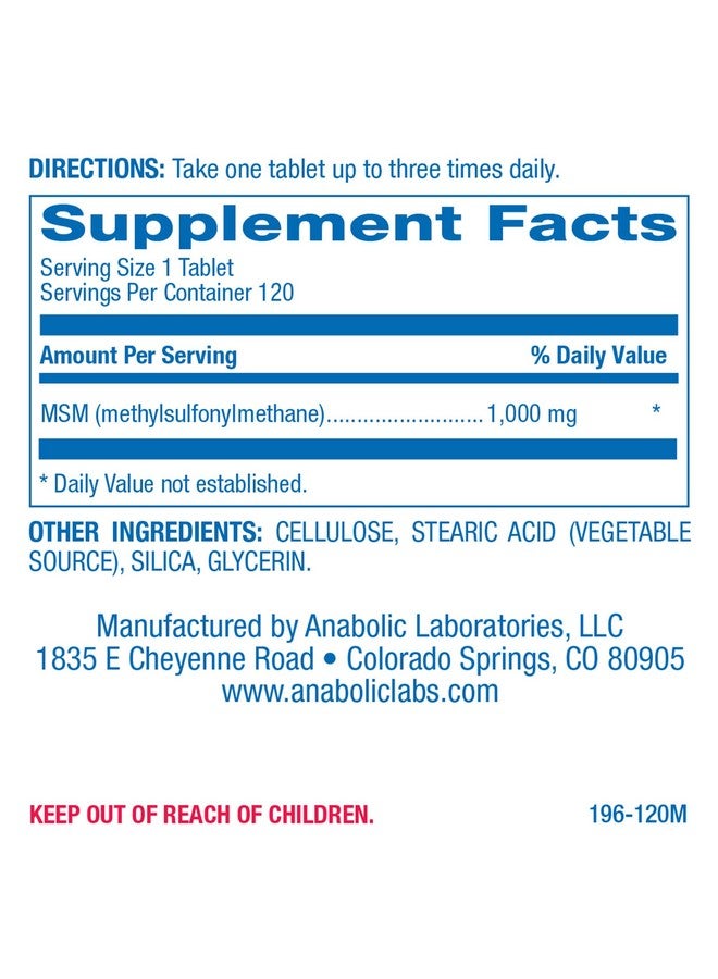 Anabolic Laboratories MSM Tablets 1000mg - 120 Vegetarian MSM Nutritional Supplements - Promotes Healthy Joints and Skin - MSM with OptiMSM - Image 2