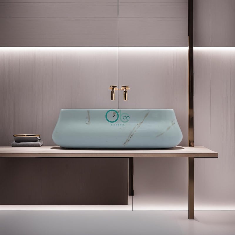 OBCO OBCO Ceramic Table Top Wash Basin Countertop Vessel Sink Kitchen Sink Vanity Sink Wash Basin For Bathroom Living Room 18x14x5 inch White Brown strip Glossy Finish Obco104 - Image 3