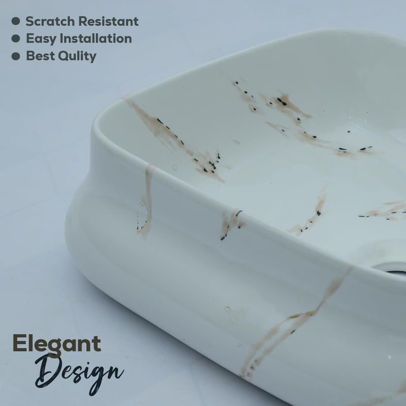 OBCO OBCO Ceramic Table Top Wash Basin Countertop Vessel Sink Kitchen Sink Vanity Sink Wash Basin For Bathroom Living Room 18x14x5 inch White Brown strip Glossy Finish Obco104 - Image 4