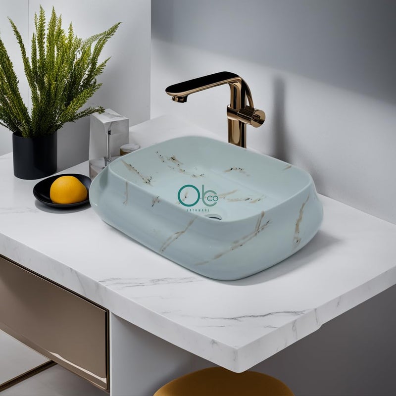 OBCO OBCO Ceramic Table Top Wash Basin Countertop Vessel Sink Kitchen Sink Vanity Sink Wash Basin For Bathroom Living Room 18x14x5 inch White Brown strip Glossy Finish Obco104 - Image 1