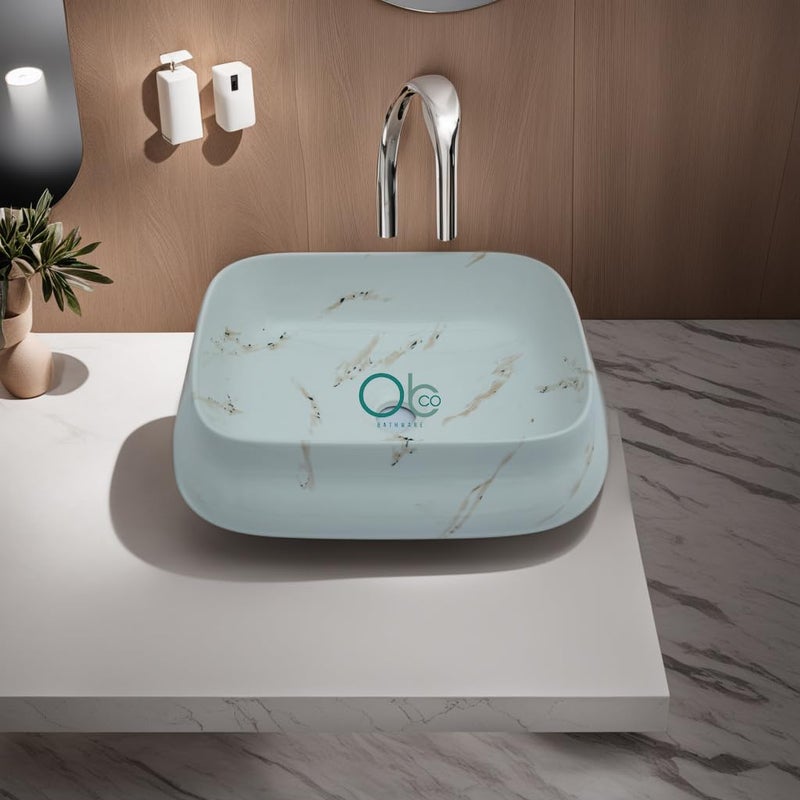 OBCO OBCO Ceramic Table Top Wash Basin Countertop Vessel Sink Kitchen Sink Vanity Sink Wash Basin For Bathroom Living Room 18x14x5 inch White Brown strip Glossy Finish Obco104 - Image 5
