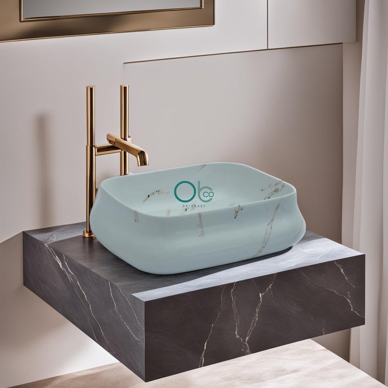 OBCO OBCO Ceramic Table Top Wash Basin Countertop Vessel Sink Kitchen Sink Vanity Sink Wash Basin For Bathroom Living Room 18x14x5 inch White Brown strip Glossy Finish Obco104 - Image 2