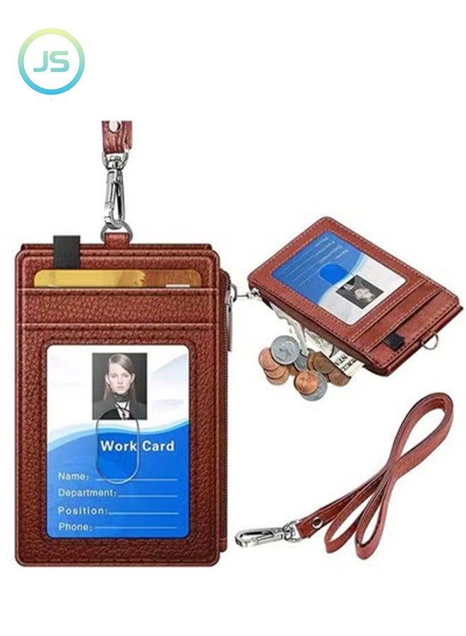 جي أس شارة حامل مع سستة ، بو الجلود شارة حامل بطاقة الهوية ، المحفظة مع 5 فتحات بطاقة ، 1 الجانب وتتفاعل التدريع جيب 20 بوصة الرقبة التعادل ، مكتب الهوية ، هوية المدرسة ورخصة القيادة ( براون ) - Image 1