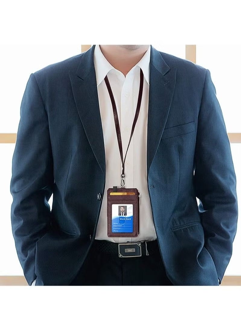 Ocean Badge Holder with Zipper, PU Leather ID Badge Card Holder Wallet with 5 Card Slots, 1 Side RFID Blocking Pocket and 20 inch Neck Lanyard Strap for Offices ID, School ID, Driver Licence (Brown)  - Image 3