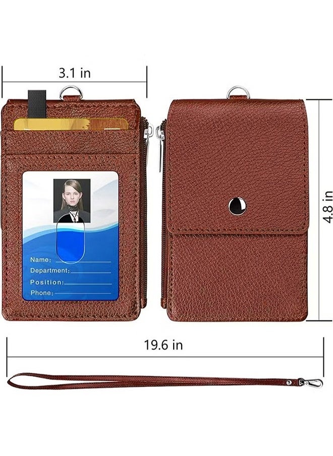 Ocean Badge Holder with Zipper, PU Leather ID Badge Card Holder Wallet with 5 Card Slots, 1 Side RFID Blocking Pocket and 20 inch Neck Lanyard Strap for Offices ID, School ID, Driver Licence (Brown)  - Image 4