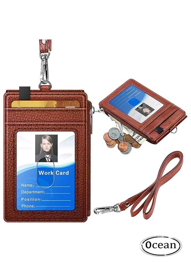 Ocean Badge Holder with Zipper, PU Leather ID Badge Card Holder Wallet with 5 Card Slots, 1 Side RFID Blocking Pocket and 20 inch Neck Lanyard Strap for Offices ID, School ID, Driver Licence (Brown)  - Image 1