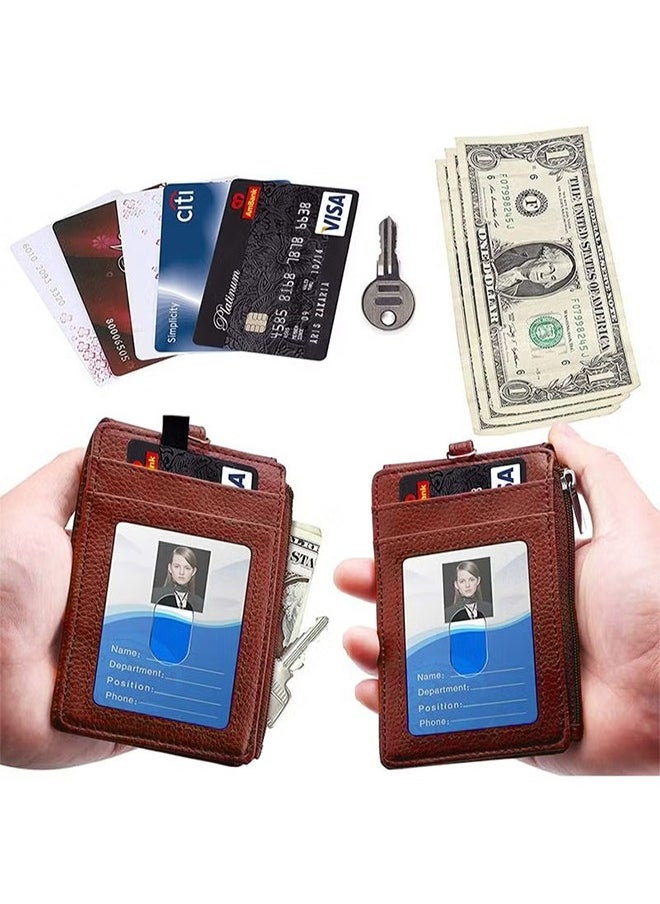 Ocean Badge Holder with Zipper, PU Leather ID Badge Card Holder Wallet with 5 Card Slots, 1 Side RFID Blocking Pocket and 20 inch Neck Lanyard Strap for Offices ID, School ID, Driver Licence (Brown)  - Image 2