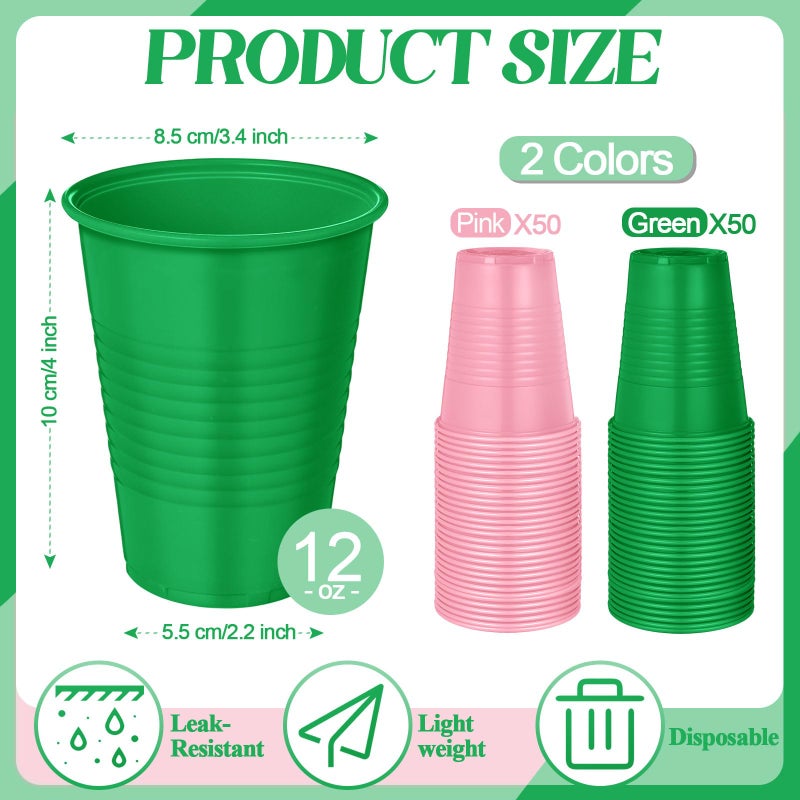 Funnymoom 100 Pcs Disposable Plastic Pink and Green Cups 12 oz Sorority Party Beverage Cups for St Patricks Watermelon Flamingo Party Supplies - Image 1