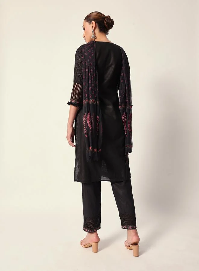 ISHIN Women's Black Cotton Textured Tunic Full Palazzo Regular Fit Kurta Set