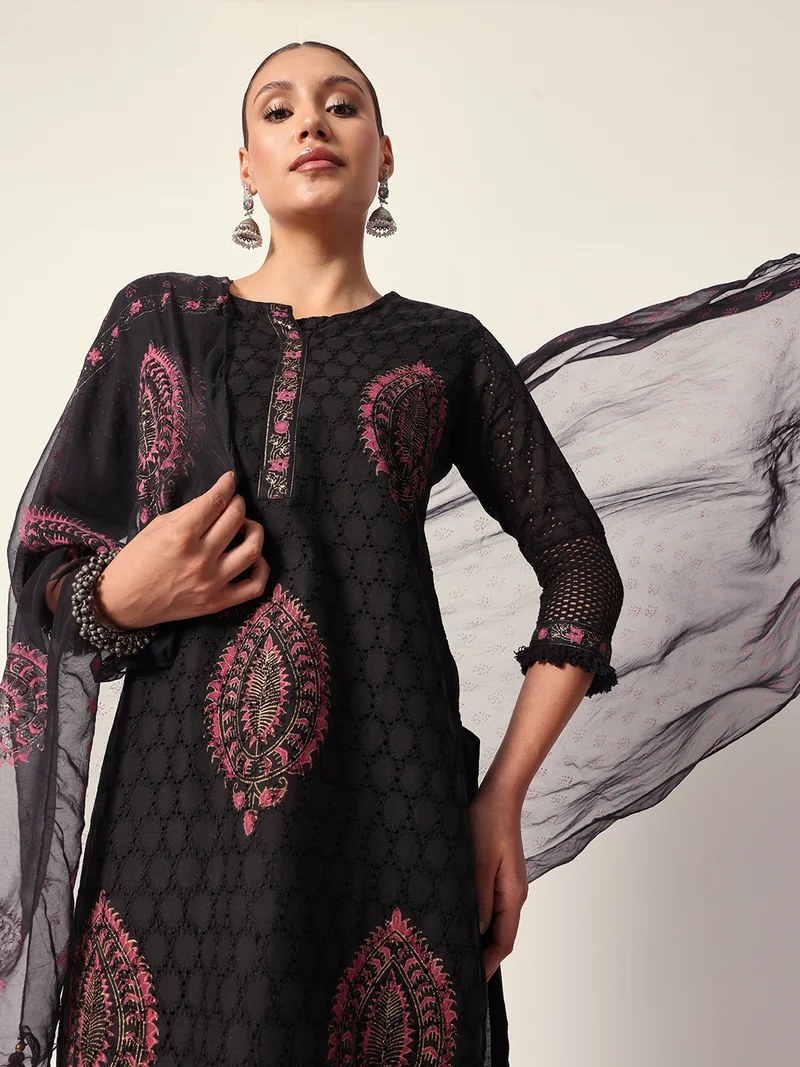 ISHIN Women's Black Cotton Textured Tunic Full Palazzo Regular Fit Kurta Set