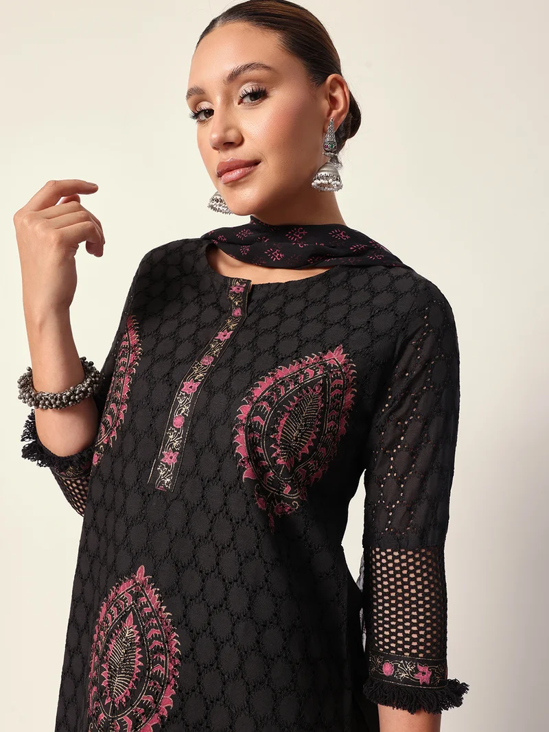 ISHIN Women's Black Cotton Textured Tunic Full Palazzo Regular Fit Kurta Set