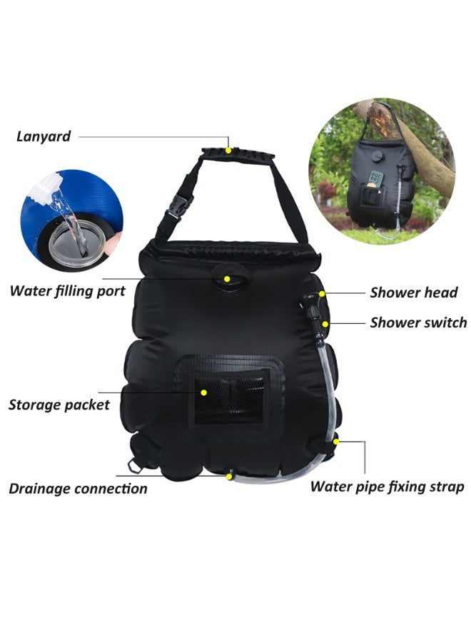 YY-ريشير حقيبة استحمام خارجية قابلة للطي، سعة 20 لترًا، مزودة بدُش شمسي للتخييم ورأس دُش دوار، حقيبة مياه محمولة للاستحمام والمشي لمسافات طويلة، لون أسود - Image 2