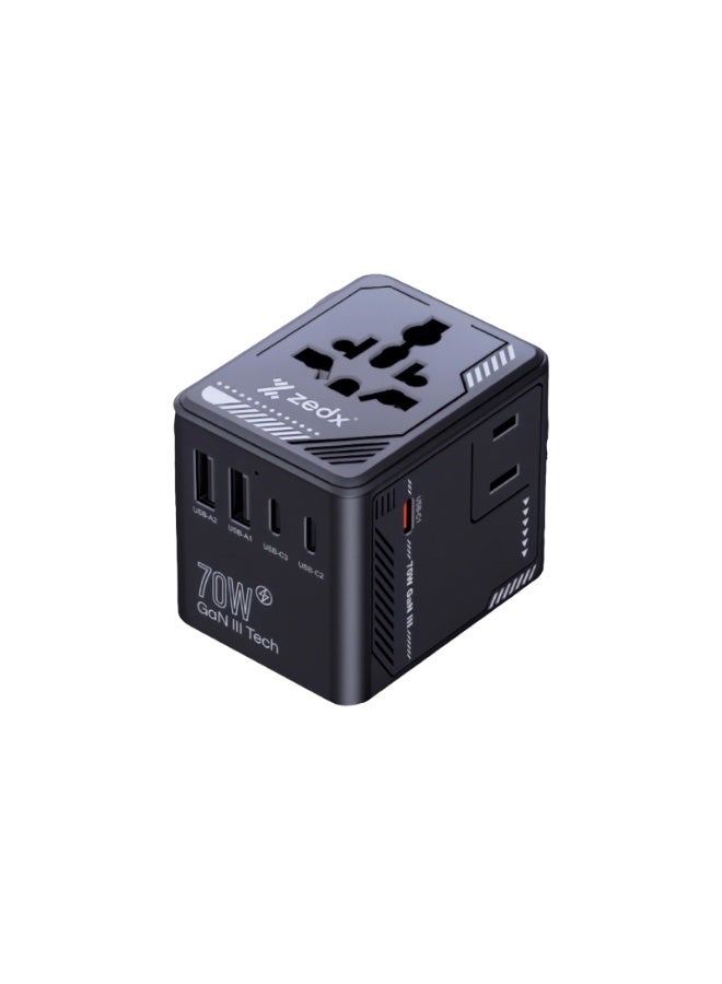 ZEDX 70W GaN World Travel Adapter with 2 AC Sockets, 3 Type-C & 2 USB-A Ports Model 1018SDVR Black